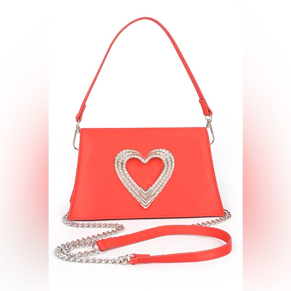 Red Heart Emblem Design Satin Clutch Handbag